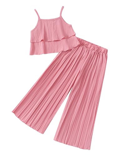 Image of Baby Girl Clothes Toddler Summer Sleeveless Ruffle Girls Outfits Pleated Wide Leg Pants Solid Color Kids Clothing Set