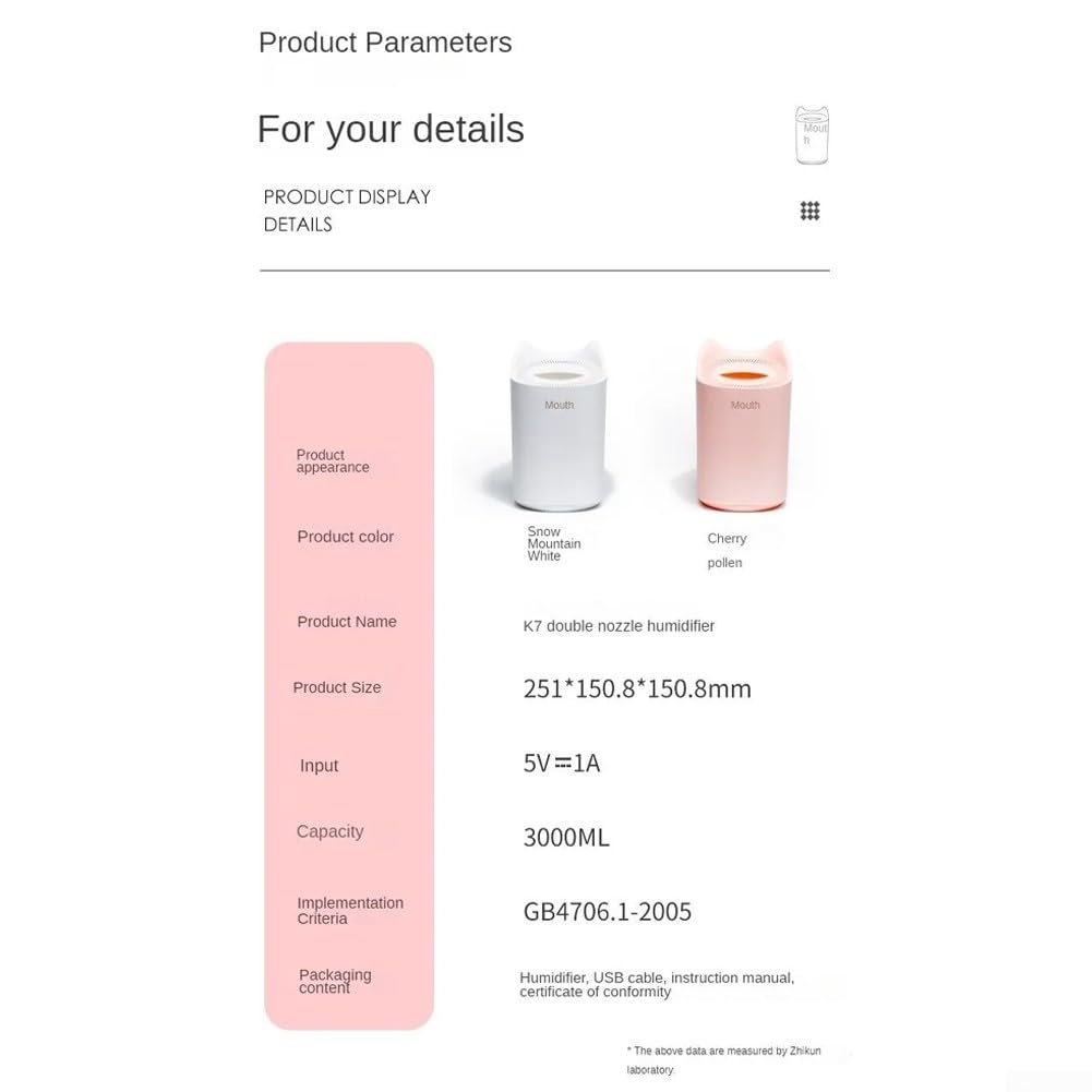 Humidificador de doble boquilla, difusor de aroma, humidificador de aire de doble chorro, fabricante de niebla fría de 3000 ml, protección de apagado de gran capacidad (rosa)