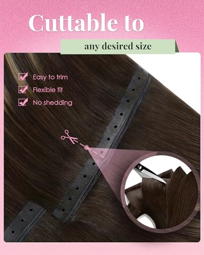 Image of YoungSee 22 Inch Butterfly Weft Hair Extensions Balayage, 100g Long Straight Human Hair Butterfly Weft Extensions, Dark Brown Mix Light Blonde Balayage, Soft Remy Hair PU Hole Wefts Add Hair Length