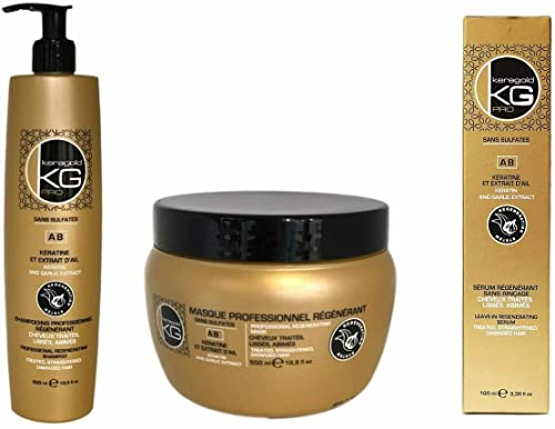 KERAGOLD PRO – Pack Trio Sans Sulfates – Gamme AB – Shampoing 500ml + Masque 500ml + Sérum 100ml – Kératine & Extrait d’Ail – Croissance, Force &...