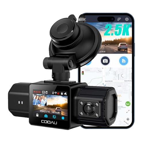COOAU 2.5K Dual Dash Cam, Built-in GPS & Wi-Fi, 1440P Dash Cam Front and Inside with Infrared Night...