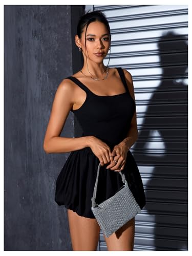 Image of MakeMeChic Women's Casual Bubble Dress Square Neck Sleeveless Ruffle Mini Dresses Black Medium