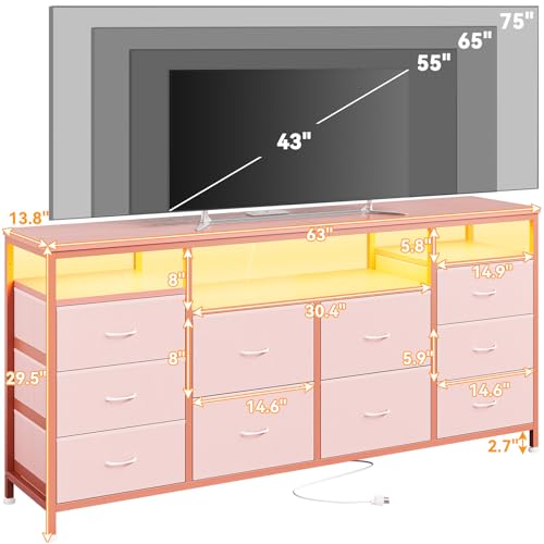 63.3 Inch Dresser for Bedroom, 10 Drawer Dresser TV Stand for 65 70 75 Inch TV, Fabric Chest of Drawers with LED Lights & Power Outlets, Long Entertainment Center for Closet, Living Room, Entryway