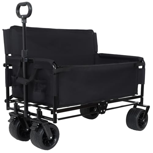 Image of 3-in-1 Convertible Folding Wagon Cart with Bench Seat & Storage - 500lbs Heavy-Duty Utility Wagon, 180L Capacity All-Terrain Wheels for Camping, Beach, Sports, Garden (Black)