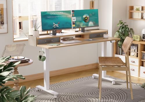 Image of Claiks Standing Desk with Drawers & Wheels, 2 Height Shelf 63 inch Natural