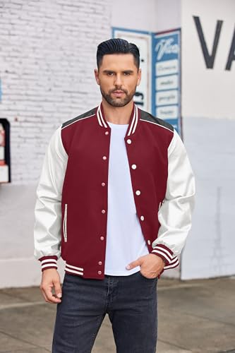 Image of COOFANDY Mens Varsity Jacket Casual Leather Sleeve Baseball Letterman Bomber Jacket Coat