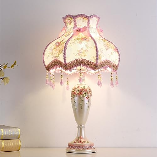 SEEAIRSHOP Pink Victorian Style Lamp Romantic Pastoral Fabric Table Lamp European Pastoral Night Stand Lamp Vase Shape 1 Head Floral Flower Table Light with Beaded Fringe and Lace