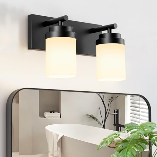 Image of IZORRO Bathroom Vanity Light Fixture, 2-Light 15 Inch Matte Black Bathroom Light Fixtures Over Mirror, with White Glass Shade, Modern Farmhouse Vanity Lights, Rustic Restroom Lighting Fixtures