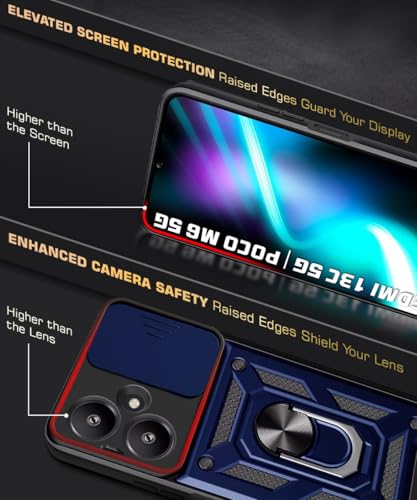 Image of WOW IMAGINE Tough Armor Bumper Mobile Back Case for Mi Redmi 13C 5G | Poco M6 5G | Sliding Camera Shield Cover | Shock Proof 360 Protection | Hybrid PC + TPU | Ring Holder with Kickstand - Blue