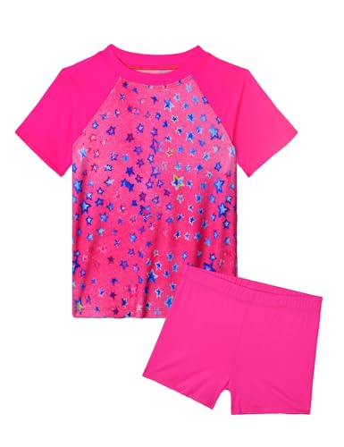 Image of Girl Swimsuits 2 Pieces Multicolor Short Sleeve Quick Dry Durable Rash Guard Set with Shorts