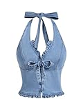 MakeMeChic Women's Shirred Denim Vest Tops Tie Backless Slim Fit Halter Crop Top Blue X-Small