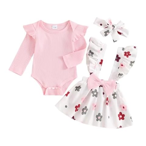SHIBAOZI Newborn Baby Girl Clothes Ruffle Solid Ribbed Knit Bodysuit Romper Floral Bow Suspender Skirt Fall Winter Outfits (Pink White, 3-6 Months) Cover