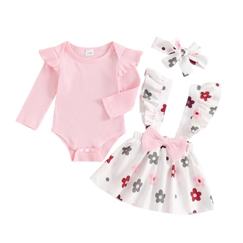 Image of Newborn Girl Clothes Ruffle Long Sleeve Ribbed Romper Floral Overall Skirt Dress Set Cute Fall Outfit with Headband