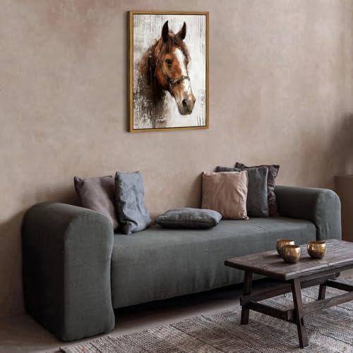 Image of Horse Canvas Wall Art Framed Rustic Horse Portrait Prints Painting Western Horse Pictures Wall Decor Vintage Farmhouse Country Animal Artwork for Living Room Bedroom Office Home Decorations 24x36