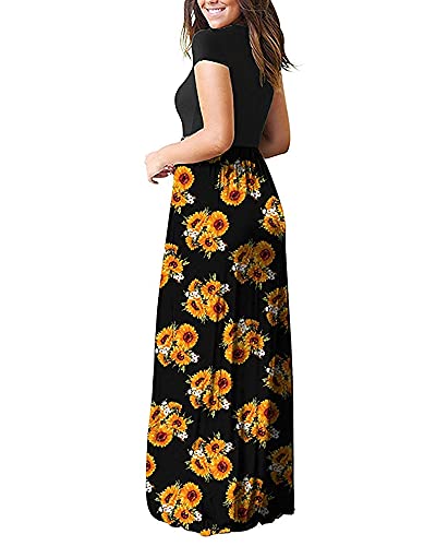 Auselily Women Short Sleeve Loose Print Floral Pleated Casual Long Maxi Dresses With Pockets (Xl, Sunflowers) #TOP3