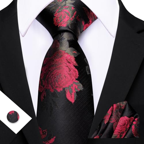 Image of Barry.Wang Flower Ties for Men Silk Woven Floral Tie Sets Necktie Handkerchief Cufflinks Wedding Party