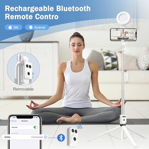Image of Selfie Stick Tripod with Fill Light, Phone Selfie Stick,Durable Stainless Steel Design,Bluetooth Remote Control,and Stable Three-Legged Support for Live Broadcasts,Video Shooting (White)