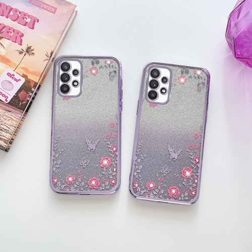 Image of for Samsung Galaxy A53 Case, A53 5G Case for Women Gradual Change Glitter Crystal Soft TPU Stylish Butterfly Floral Heart Clear Protective Cover with Strap for Samsung A53 5g (Purple)