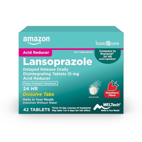Amazon Basic Care Lansoprazole Delayed Release Orally Disintegrating Tablets 15 mg Acid Reducer Treats Frequent Heartburn Strawberry Flavor 24 Hour Heartburn Relief 42 Count