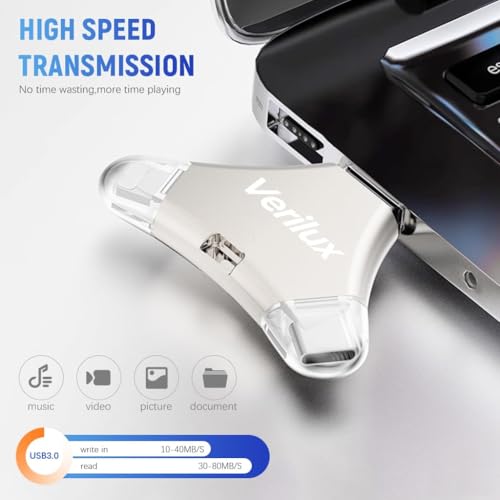 Image of Verilux Pendrive 256GB 4 in 1 Flash Drive with Light-ning, Micro USB, USB A, Type-C Interface Mini Hangable PenDrive for iOS & Android Compatible with iPhone, iPad, Android, PC and More Devices