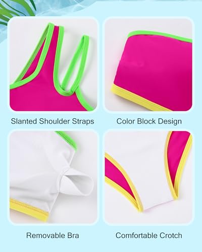 Image of Redair Girls Swimsuit Two Piece One Shoulder Bathing Suit with Chest Pad Color Block Bikini 7-16 Years