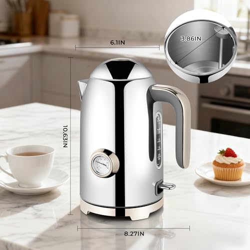 Image of SUSTEAS Electric Kettle - 57oz Hot Tea Water Boiler with Thermometer, 1500W Fast Heating Stainless Steel Pot, Cordless LED Indicator, Auto Shut-Off & Boil Dry Protection, Silver