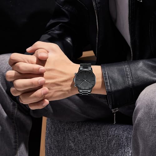 Image of NIBOSI Men's Watches Analog Minimalist Black Dial Watch for Man Business Chronograph Casual Watches Stainless Steel Strap Date