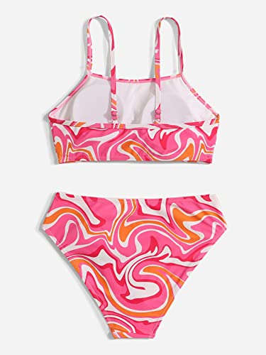Wdirara Girl's Swimwear Beach Sport All Over Marble Print 2 Piece Bikini Preppy Swimsuit Bathing Suits Pink And Orange 14Y #TOP1