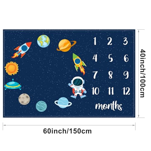 Image of Space Baby Monthly Milestone Blanket Astronaut Star Decor Photography Background Newborn Growth Record Prop Blanket 60 inchx40 with Frames