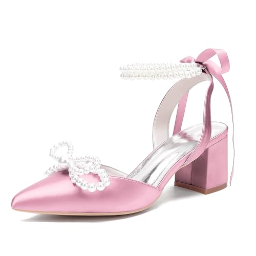 Women's Pointed Closed Toe Pearl Chunky Heels for Women Dressy Shoes Wedding Shoes for Bride Bridal Block Heels
