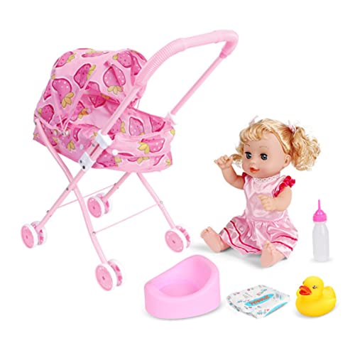 Ohomr Muñeca Duradera Cochecito de bebé, 6 unids/Conjunto Juguetes Plegables Juego de Regalo de Cochecito, cochecitos de muñecas para bebés con muñeca, Botella de Leche, pañales, Juguete, Pato y