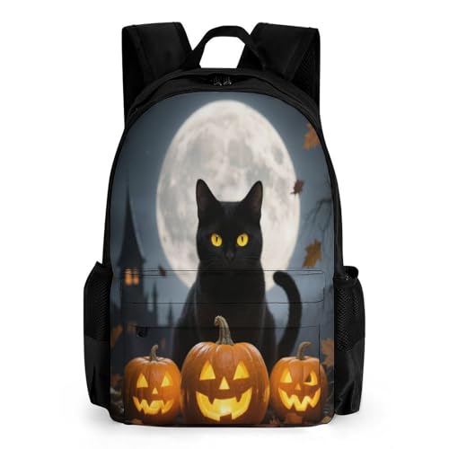 Supdreamc Shoulder Book Bags Anti-Theft Multipurpose Big Capacity Bookbag - Halloween Black Cat Pumpkin Art Travel Hiking Backpack With Smooth Zippers