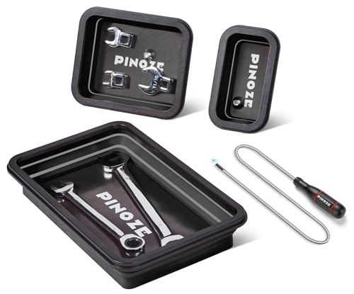Image of PINOZE Collapsible Magnetic Parts Organizer Trays & 12 inch Flexible Magnetic Pickup Tool, 3 Different Size Magnet Tool Trays & Pick-Up Sweeper for Screw, Bolts, Nuts, Washers, Pins and Metal Parts, Black