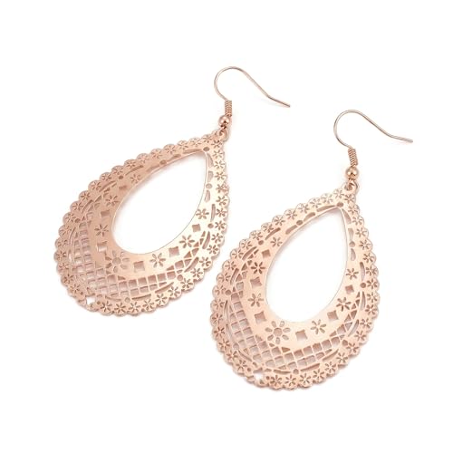 Gold Filigree Teardrop Earrings for Women, Lightweight Cut-out Bohemian Statement