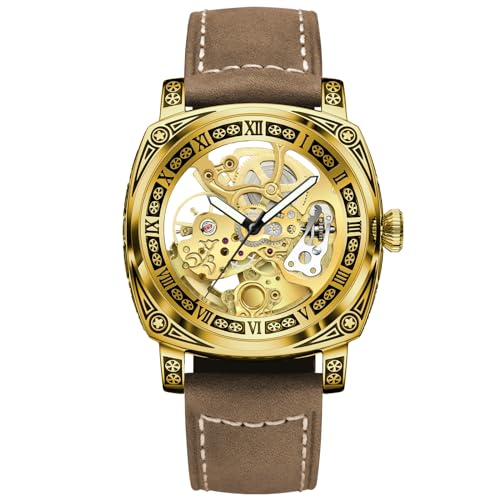 Carved Automatic Watches for Men, Retro Tattoo Skeleton Self-Winding Mechanical