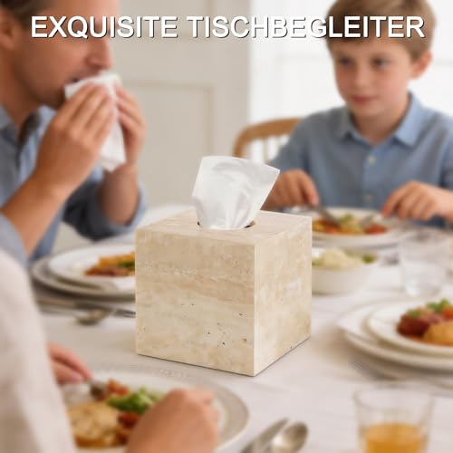 Natürlicher Travertin Taschentuchbox-Abdeckungshalter,Square Cube Tissue Box Holder mit offenem Boden, Facial Tissue Holder für Badezimmer Vanity Tops, Schlafzimmer Kommoden, Küchenarbeitsplatte,Beige