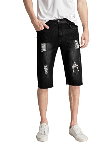 Image of PASOK Men's Casual Denim Shorts Distressed Stretchy Jeans Shorts Ripped Short Pants
