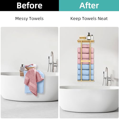 STWWO Bathroom Towel Storage Rack for Bathroom, 30 inch Towel Racks Wall Mounted with Shelf Can Holds 6 Large Towels, Wall Towel Rack for Rolled Towels, Gold by STWWO - Image 3