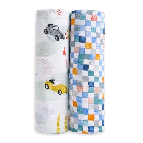 Image of aden + anais Essentials Cotton Muslin Swaddles, Breathable Baby Blanket, Ideal for Boys, Girls, Newborns, Babies & Infants, Receiving Blanket, Soft and Lightweight Wrap, 2 Pack, Vintage Car Rally
