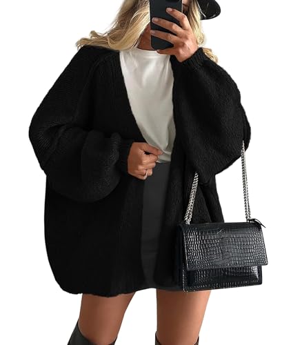 PRETTYGARDEN Womens Open Front Oversized Cardigan Sweaters,Black,L