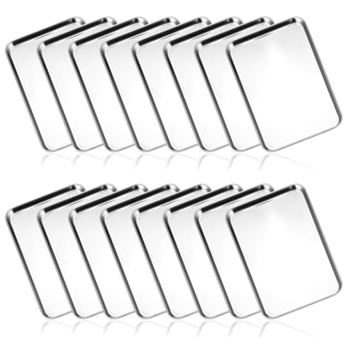 16 Pcs Baking Sheet Stainless Steel Cookie Sheet Small Metal Sheet Pans Professional Rectangle Oven Trays Kitchen Baking Cooking Oven and Toaster, Dishwasher Safe (9.1 x 5.9 Inch)