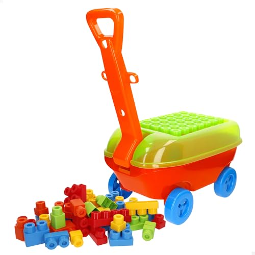 COLORBABY Color Blocks Vagoneta con 50 Bloques de construcción, Juguete de Arrastre con asa y Ruedas, Piezas Grandes y seguras +18M (47702)