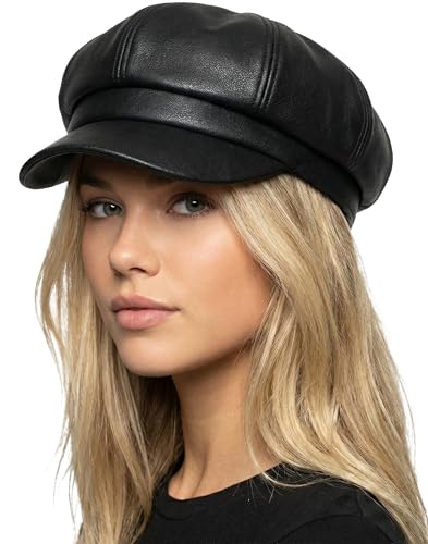 Funky Junque Newsboy Hats for Women Cotton Cabbie Cap with Brim - Baker Boy Paperboy Gatsby Hat for Ladies - Faux Leather - Black