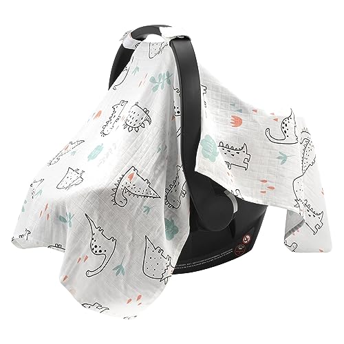Image of SERAPHY Muslin Car Seat Covers for Babies, Breathable Baby Car Seat Cover for Boys and Girls, Cotton Infant Carseat Canopy Covers -Dinosaurs