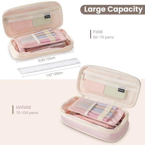 Image of Large Capacity Pencil Case Pouch with 5 Black Gel Pens (Pink) | Expandable, Water-resistant, 4-compartment design, Versatile, Quality materials, Cute style, 0.5mm gel pens