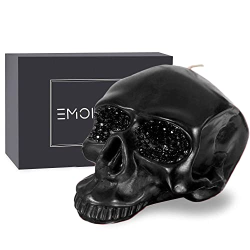 EMOHOME Large Skull Statue with Crystal Ornaments in Eye Pits Decorative Candle for Halloween Decoration Horror Party Home Décor Novelty Gift (Black)
