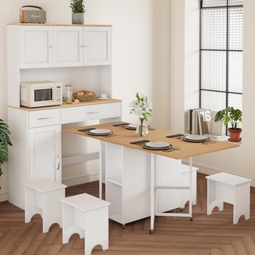 VOWNER 63” Folding Dining Table Set with 71” Tall Kitchen Pantry Storage Cabinet, with Large Drawers and Adjustable Shelves, Space Saving Wood Cupboard with Charging Station for Small Place, 4 Stools