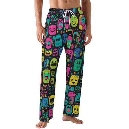 Men's Pajama Pants, Men's Funny Emoji Print Pajama Pants, Soft Pj Bottoms-S