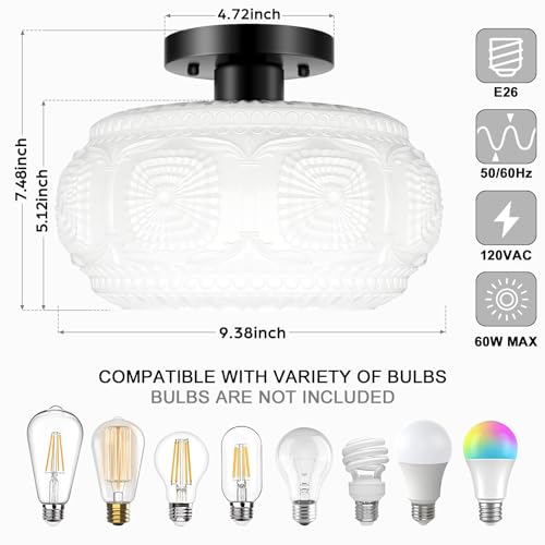 Image of Semi Flush Mount Ceiling Light, Milk Glass Shade Modern Ceiling Light Fixture, Vintage Black Lighting for Hallway Bedroom Entryway Kitchen Porch (Pack of 2)