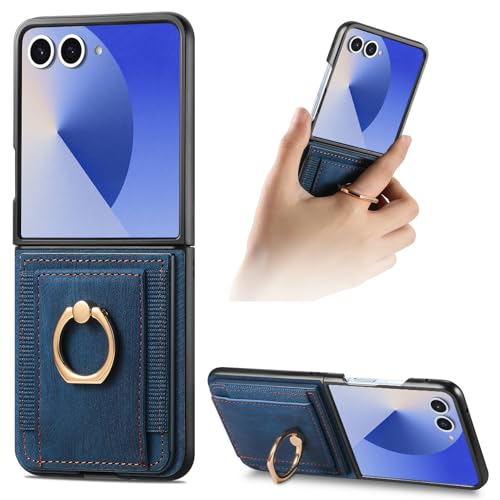 PAOBIR for Samsung Galaxy Z Flip 7 with Card Holder,Wallet Phone Case with Built-in Rotate Ring Stand PU Leather Protective Kickstand Case for Women Girls Samsung Galaxy Z Flip 7 Blue
